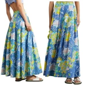 Emporio Sirenuse Flaminia Pleated Printed Cotton Blue & Green A-Line Skirt NWT